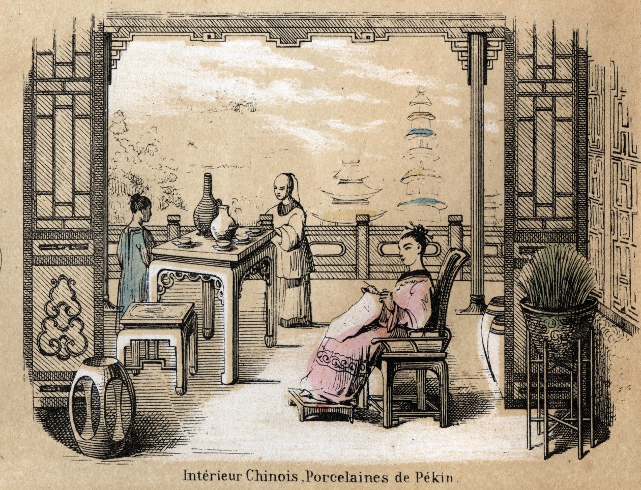 Descrição das várias fases de fabrico e utilizações da argila: um interior chinês com porcelana Pekin. Placa "A argila e seus produtos" em "Les Recreations instructives" Pintura sinóptica de Jules DELBRUCK, gravura a partir de 1860. Colecção privada de French School