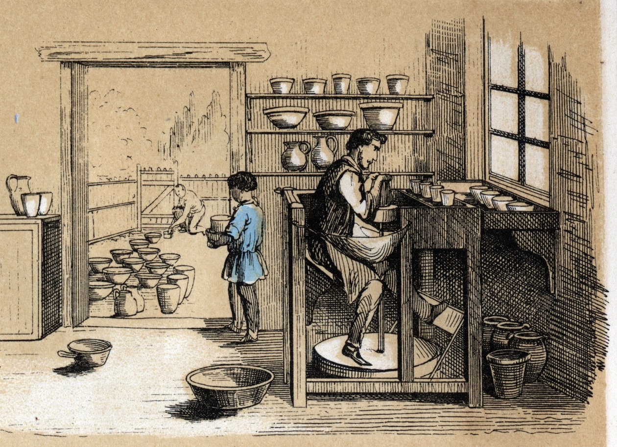 Descrição das várias fases de fabrico e utilizações da argila: um oleiro a trabalhar por sua vez. Placa "A argila e seus produtos" em "Les Recreations instructives" Pintura sinóptica de Jules DELBRUCK, gravura a partir de 1860. Colecção privada. de French School