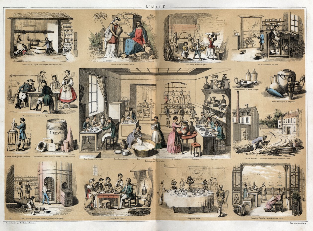 Descrição das várias fases de fabrico e utilizações da argila: no centro uma oficina de fabrico de porcelana (pintura, douradura, reparação), na fase superior de trituração da argila e depois da sua descasca, depois descrição do forno a cozer de French School