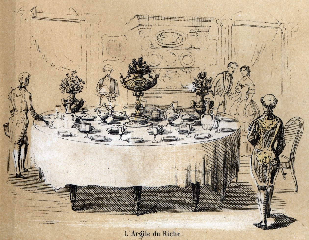 Descrição das várias fases de fabrico e utilizações da argila: a utilização da argila em interiores ricos, uma mesa com louça de porcelana. Placa "A argila e os seus produtos" em "Les Recreations instructives" Pintura sinóptica de Jules DELBRUCK, gravura de French School
