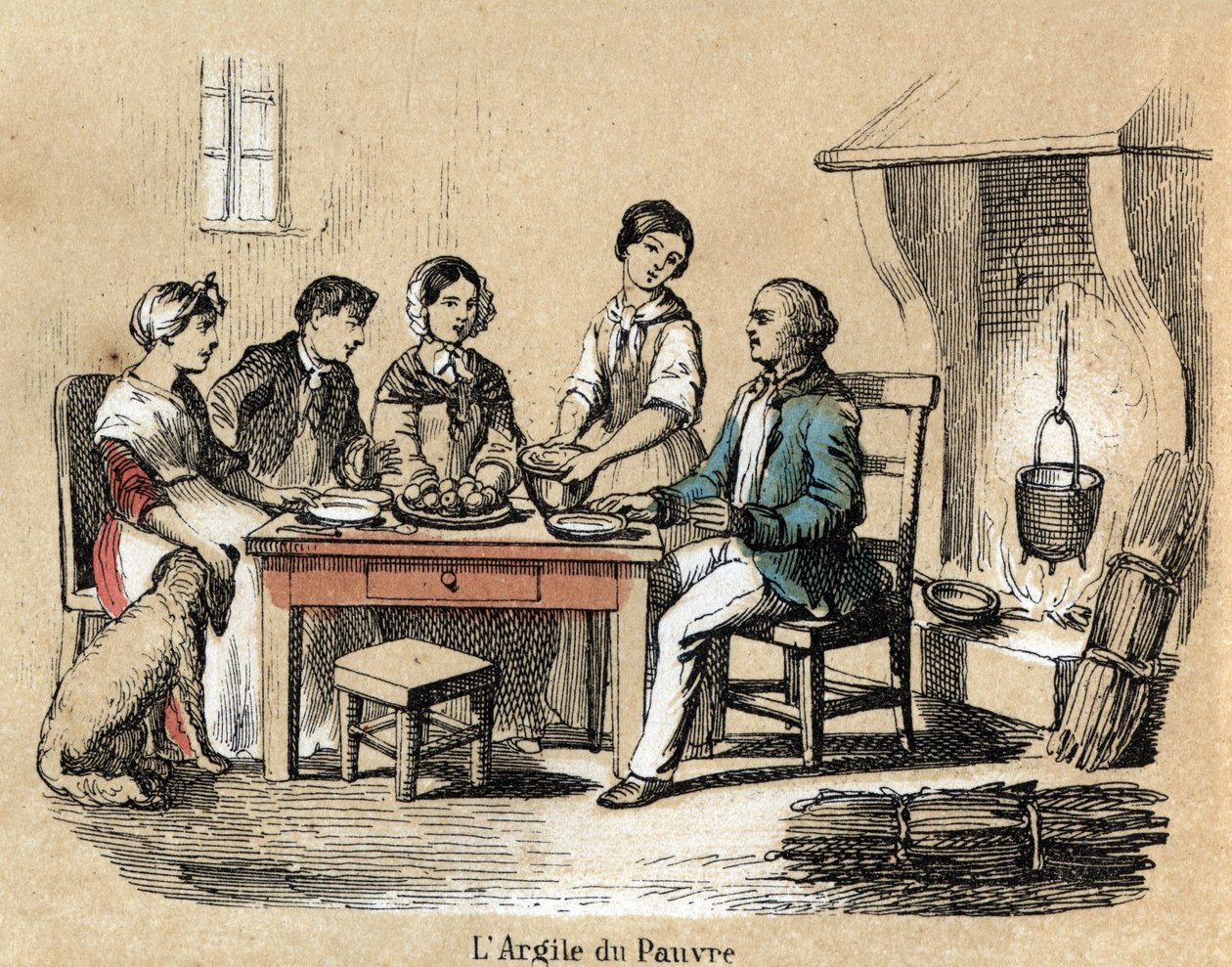 Descrição das várias fases de fabrico e usos do barro: o uso do barro nos estagiários pobres, uma família reunida à mesa comendo em pratos de barro de qualidade medíocre. Placa "A argila e seus produtos" em "Les Recreations instructives" Syno de French School