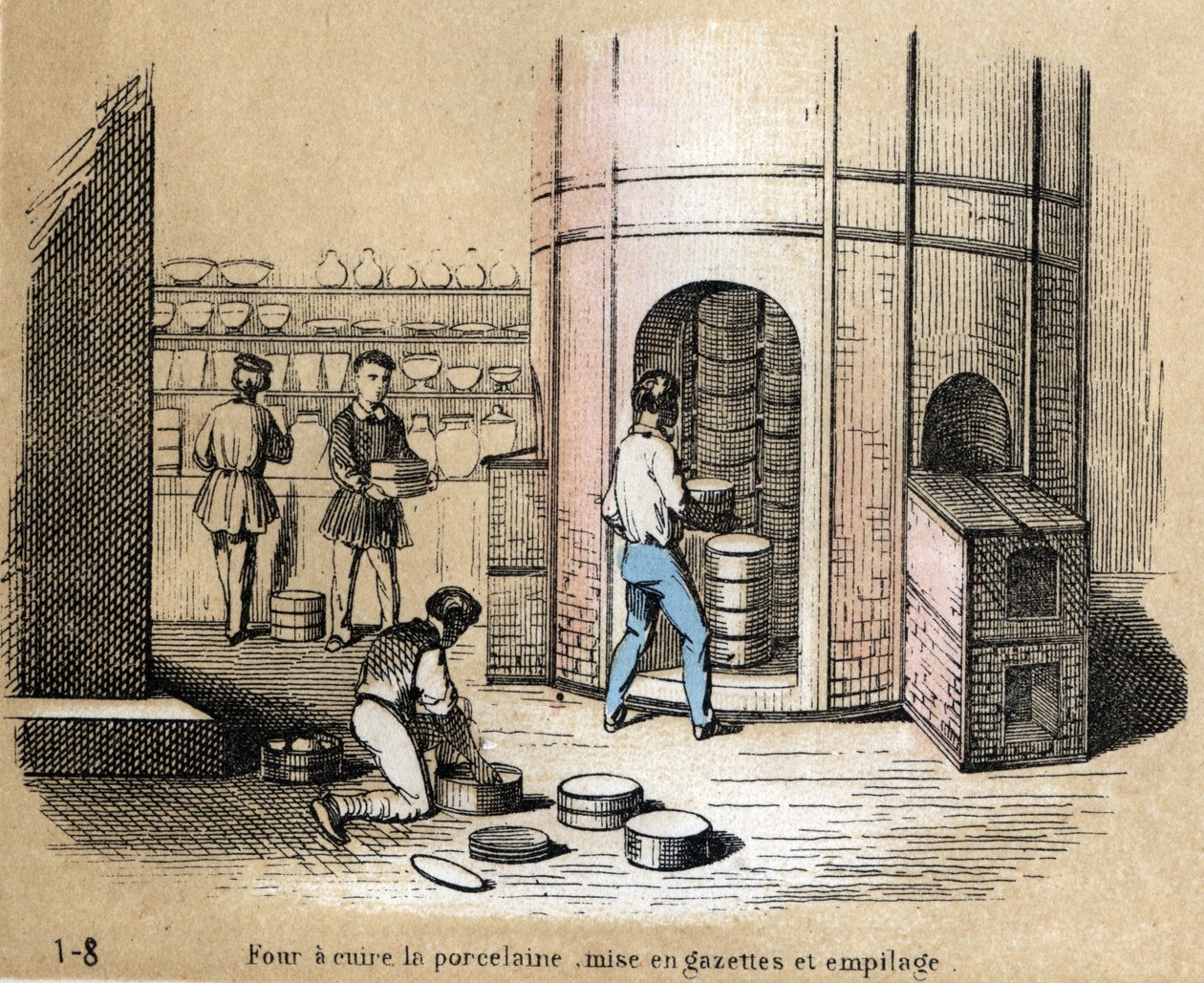 Descrição das várias fases de fabrico e utilizações do barro: vista de um forno de porcelana, de gaze e de empilhamento. Placa "A argila e seus produtos" em "Les Recreations instructives" Pintura sinóptica de Jules DELBRUCK, gravura a partir de 1860. Parti de French School