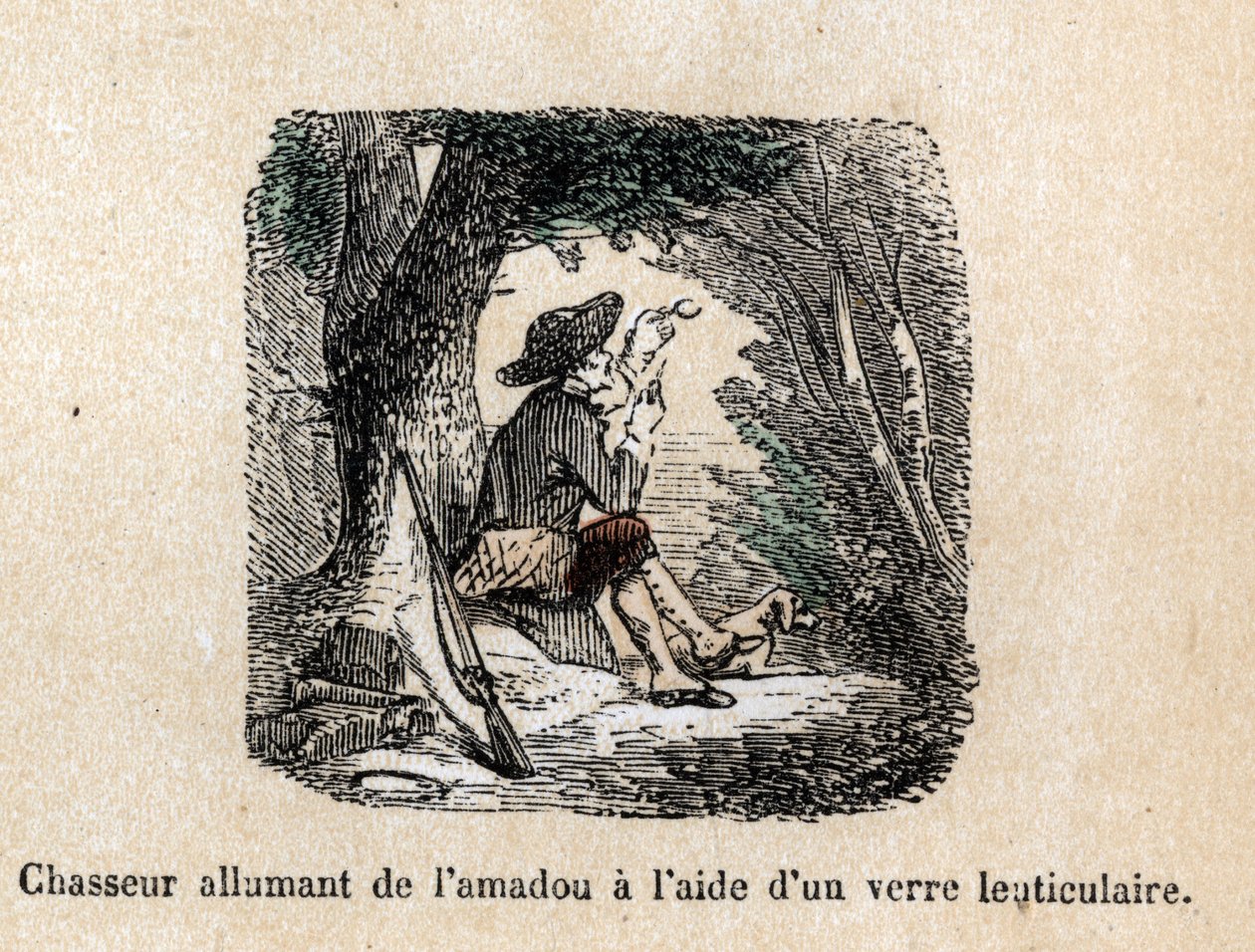 Descrição das várias fases de fabrico e utilizações do vidro: um caçador que queima o formigueiro acendendo-o com uma lente (ou vidro lenticular). Placa "Vidro e seus produtos" em "Les Recreations instructives" Pintura sinóptica de Jules DELBRUCK, e de French School