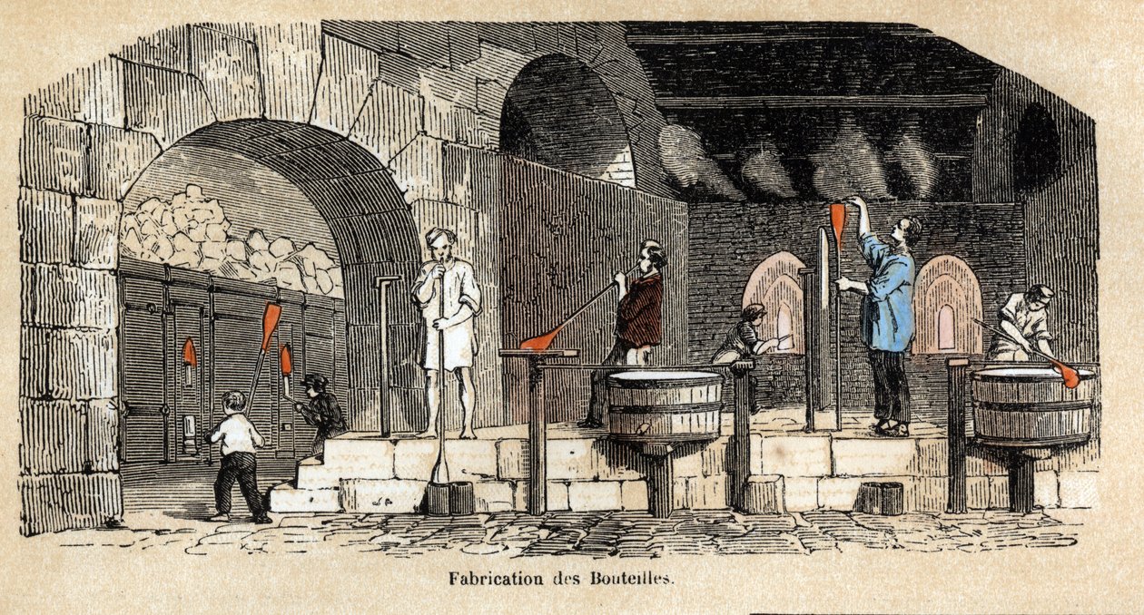 Descrição das diferentes fases de fabrico e utilizações do vidro: fabrico de garrafas numa oficina de sopro de vidro. Placa "Vidro e seus produtos" em "Les Recreations instructives" Pintura sinóptica de Jules DELBRUCK, gravura a partir de 1860. Priv de French School