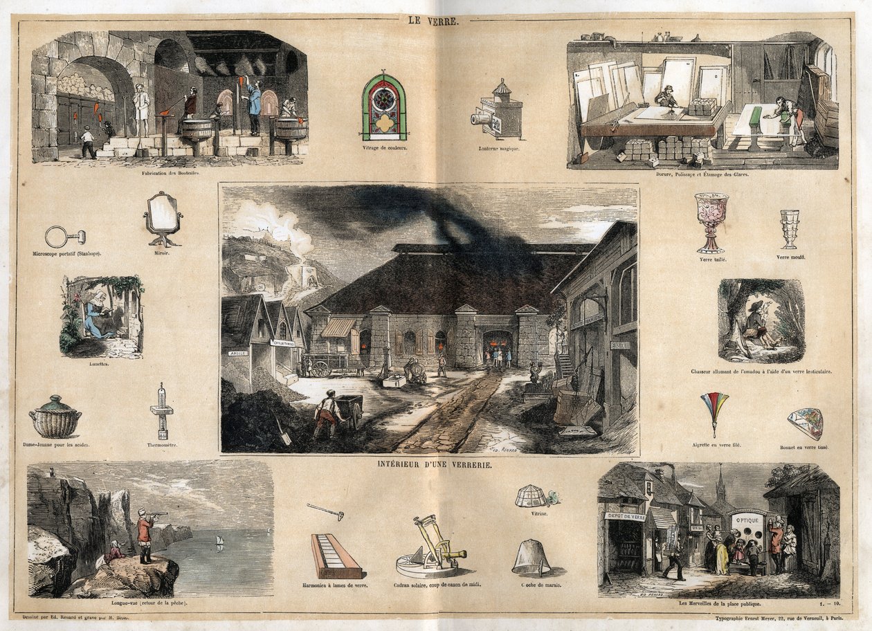 Descrição das várias fases de fabrico e utilizações do vidro: vista do interior de uma fábrica de vidro, fabrico de garrafas numa oficina de sopro de vidro, douradura, polimento e estampagem de gelo, e vários objectos (microscópio, espelho, vidros, termopl de French School