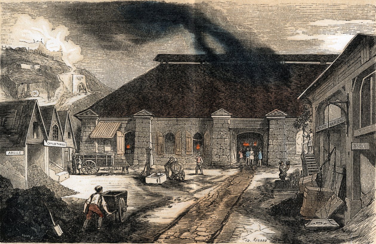 Descrição das várias fases de fabricação e usos do vidro: vista do interior de uma fábrica de vidro. Placa "Vidro e seus produtos" em "Les Recreations instructives" Pintura sinóptica de Jules DELBRUCK, gravura a partir de 1860. Coleção particular de French School