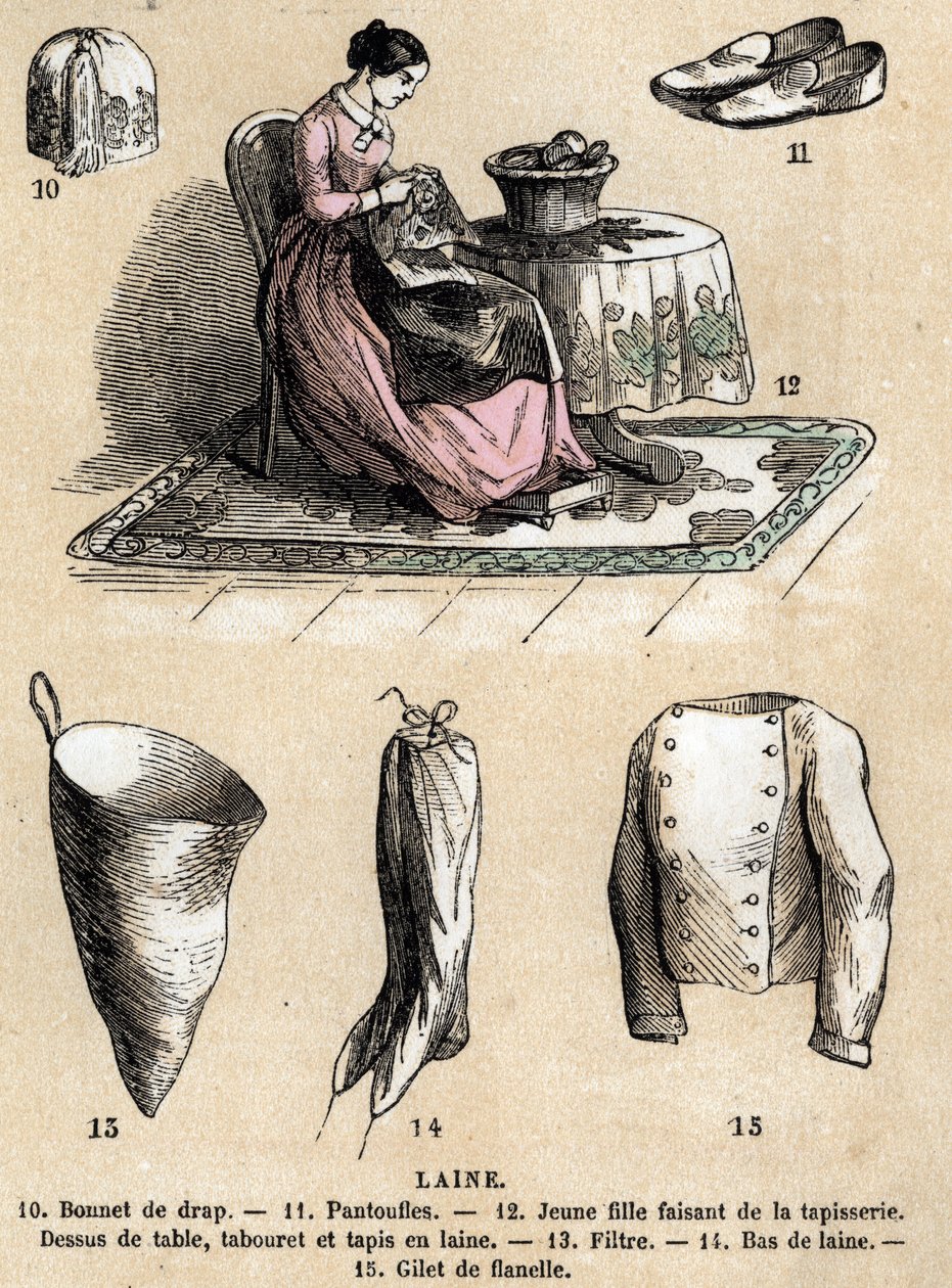 Descrição dos vários usos e produtos de ovinos: tapeçaria e produtos de lã, chapéu, chinelos, meias de lã, colete de flanela. Placa "Les moutons" em "les Recreations instructives" Pintura sinóptica de Jules DELBRUCK, gravura a partir de 1860. Particular de French School