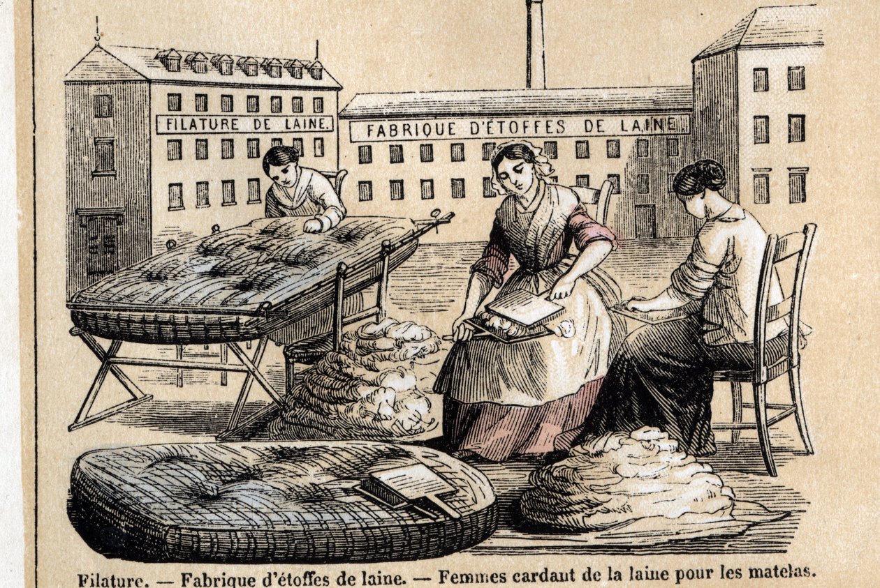Descrição dos diversos usos e produtos das ovelhas: trabalhadores cardando lã para colchões no quintal de uma fábrica. Placa "Les moutons" em "les Recreations instructives" Pintura sinóptica de Jules DELBRUCK, gravada a partir de 1860. Coleção particular. de French School