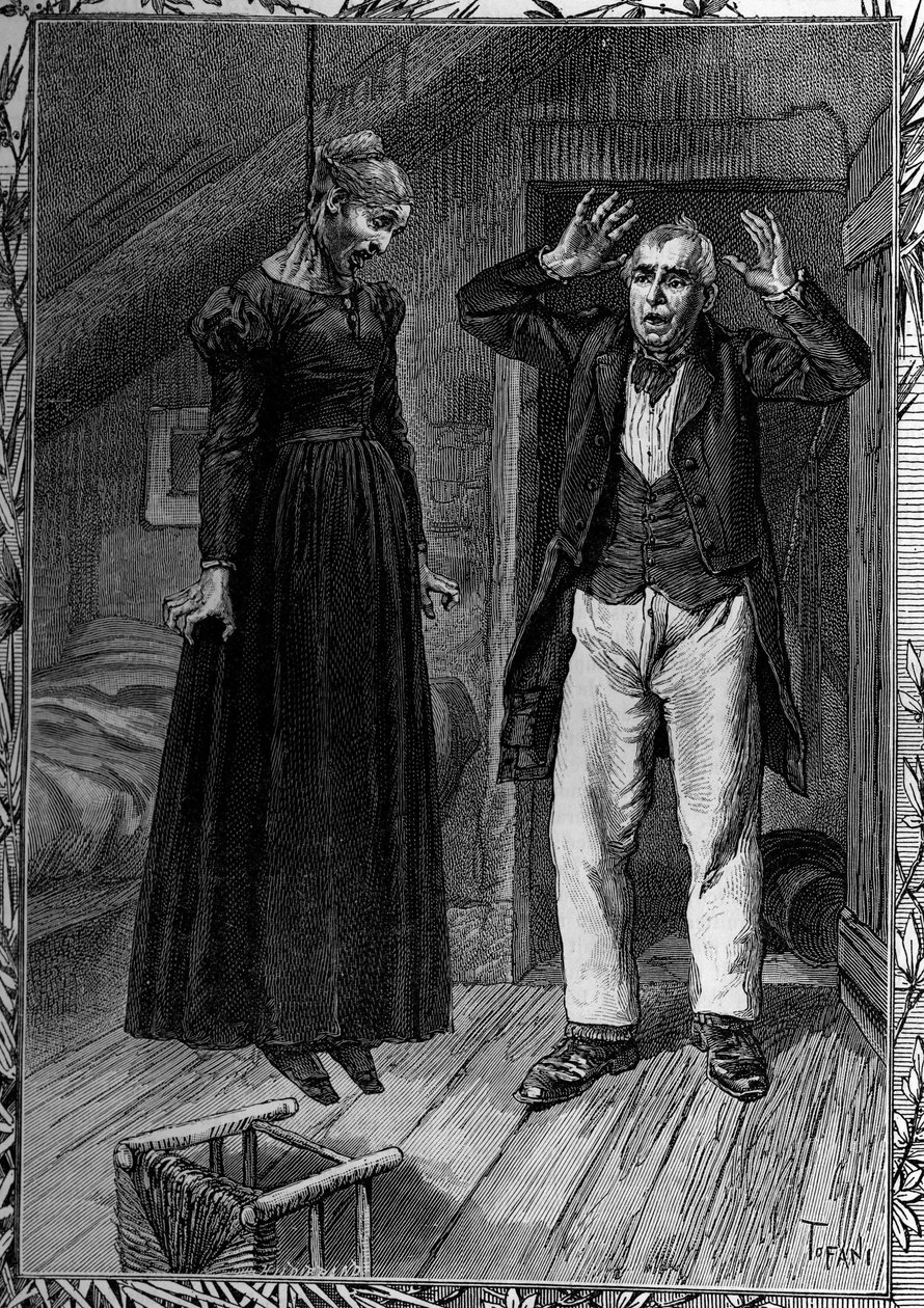 Deshonoree pela pobreza, uma mulher suicida no seu quarto, para a grande desgraça do seu vizinho. Gravura na ilustre revista "La jeunesse". de French School