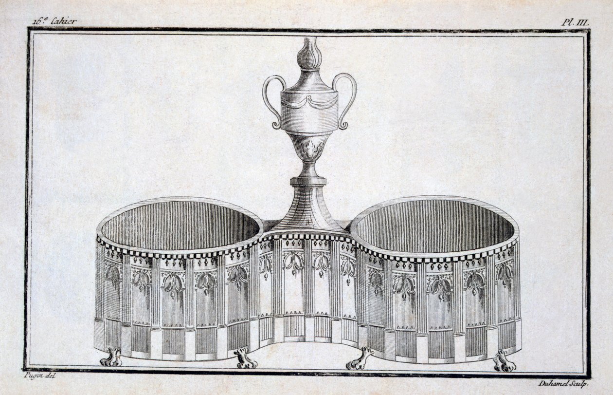 Design por Pugin, de um livro de padrão de desenhos de metalwork neo-clássico juntos por Duhamel, c.1770s-80s de French School