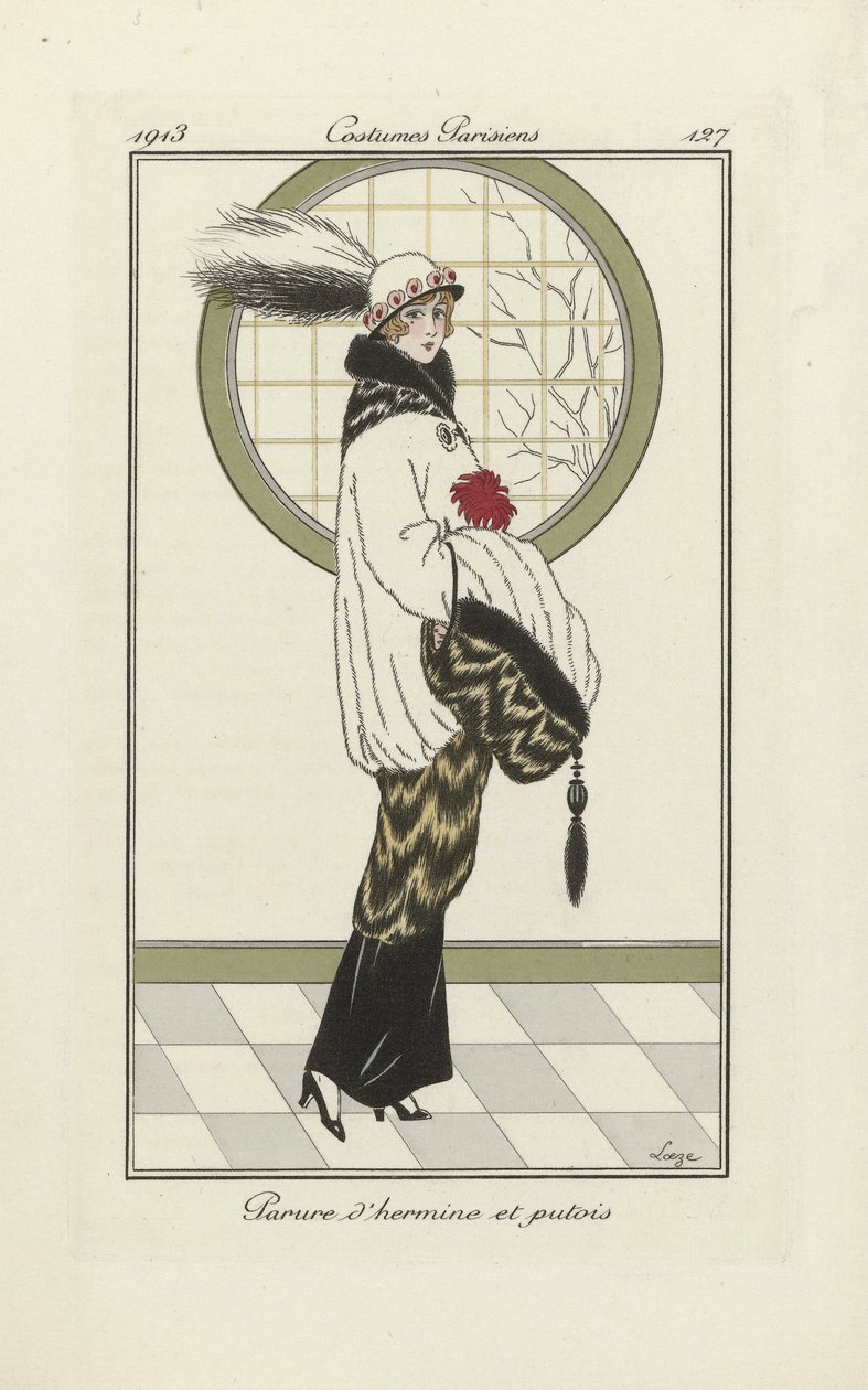 Desenho de um conjunto de arminho e gato-do-mato, de Costumes Parisien, pub.1913 (impressão em pochoir) de French School