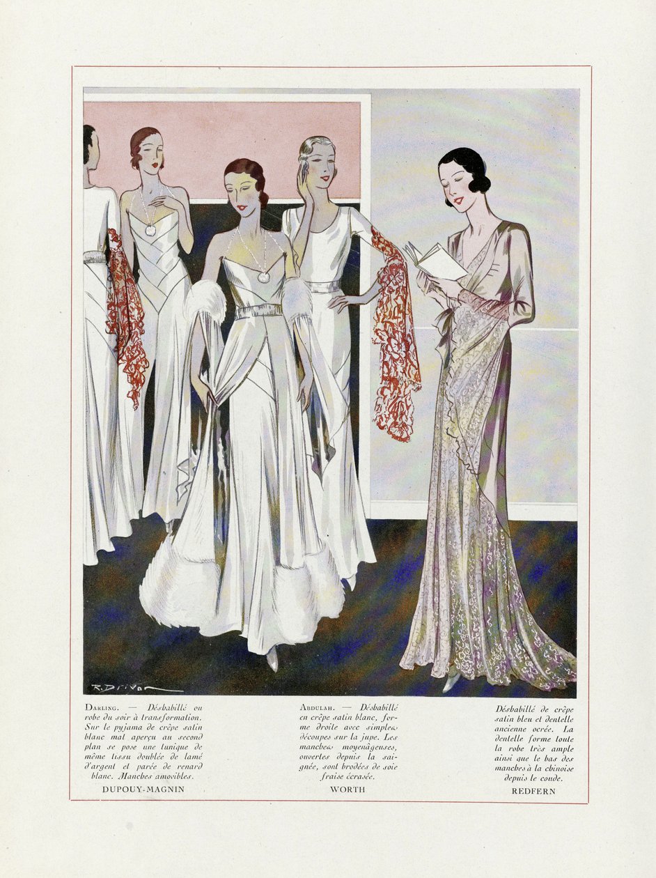 Design for Evening Dresses de Depouy-Magnin, Worth e Redfern, de Art, Gout, Beaute, pub. 1931 (litografia a cores) de French School