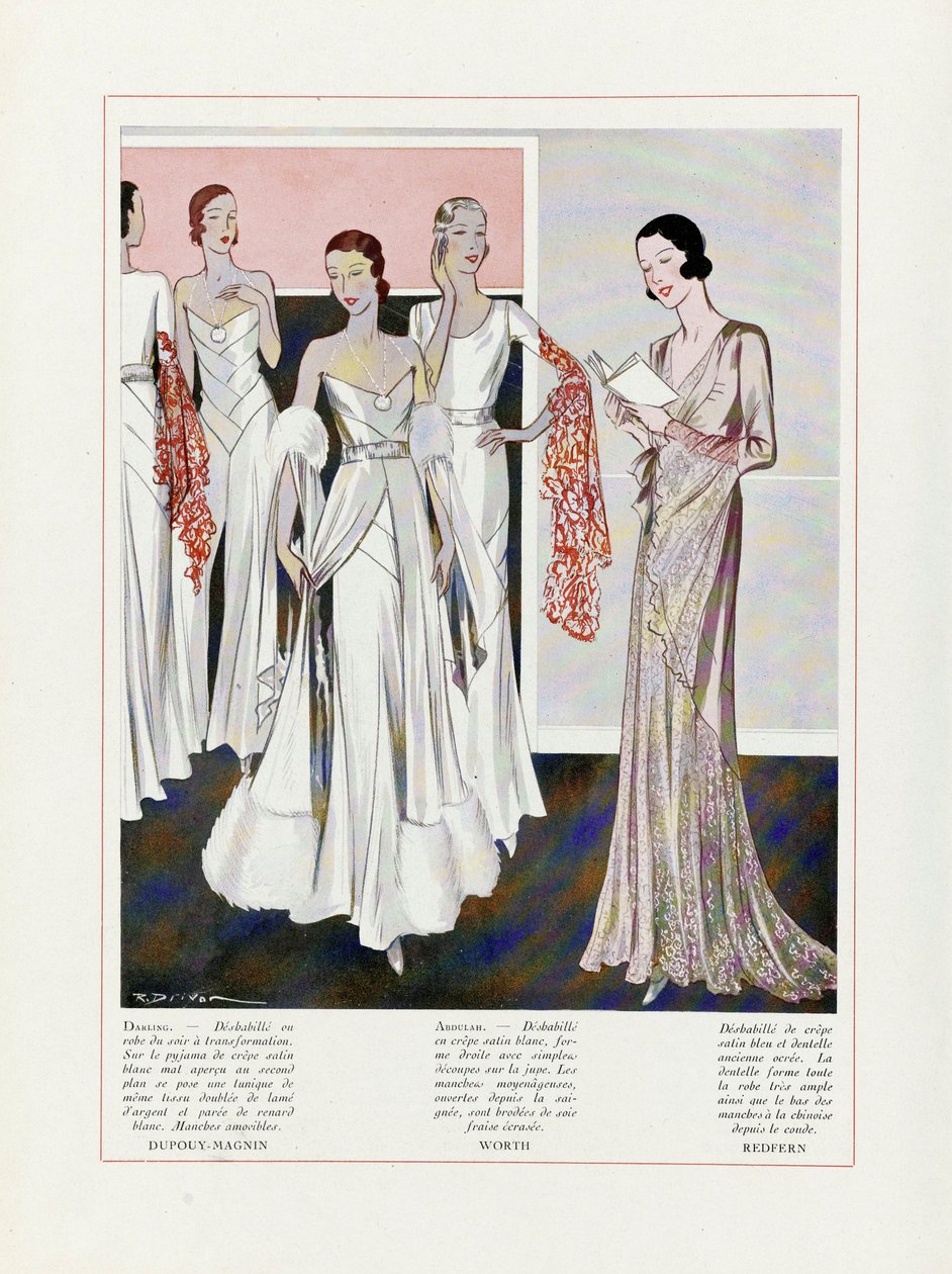 Design para vestidos de noite por Depouy-Magnin, Worth e Redfern, pub. Litografia colorida de 1931. de French School
