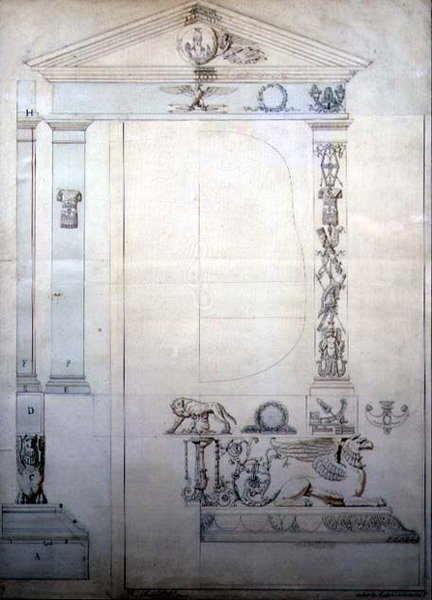 Design para um espelho Cheval, c.1815 (caneta e tinta e aguarela sobre papel) de French School