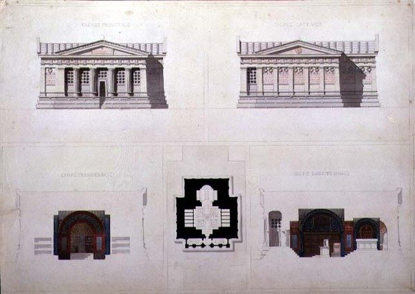 Design para um mausoléu grego estilo Revival, C.1835 (caneta e tinta com aquarela sobre papel) de French School