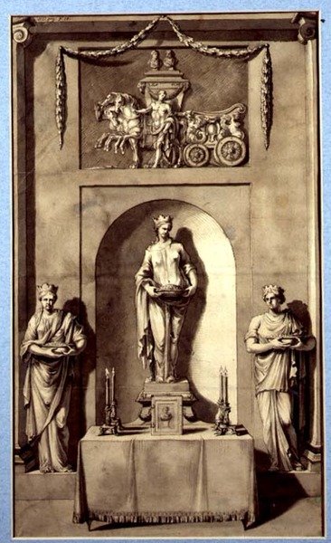 Desenho para uma Alcove Escultural com Apollo e sua Carruagem, c.1760 (aguarela sobre papel) de French School