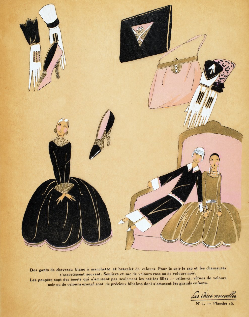 Desenho de um vestido de veludo preto e acessórios com duas bonecas, Les Idées Nouvelles de French School