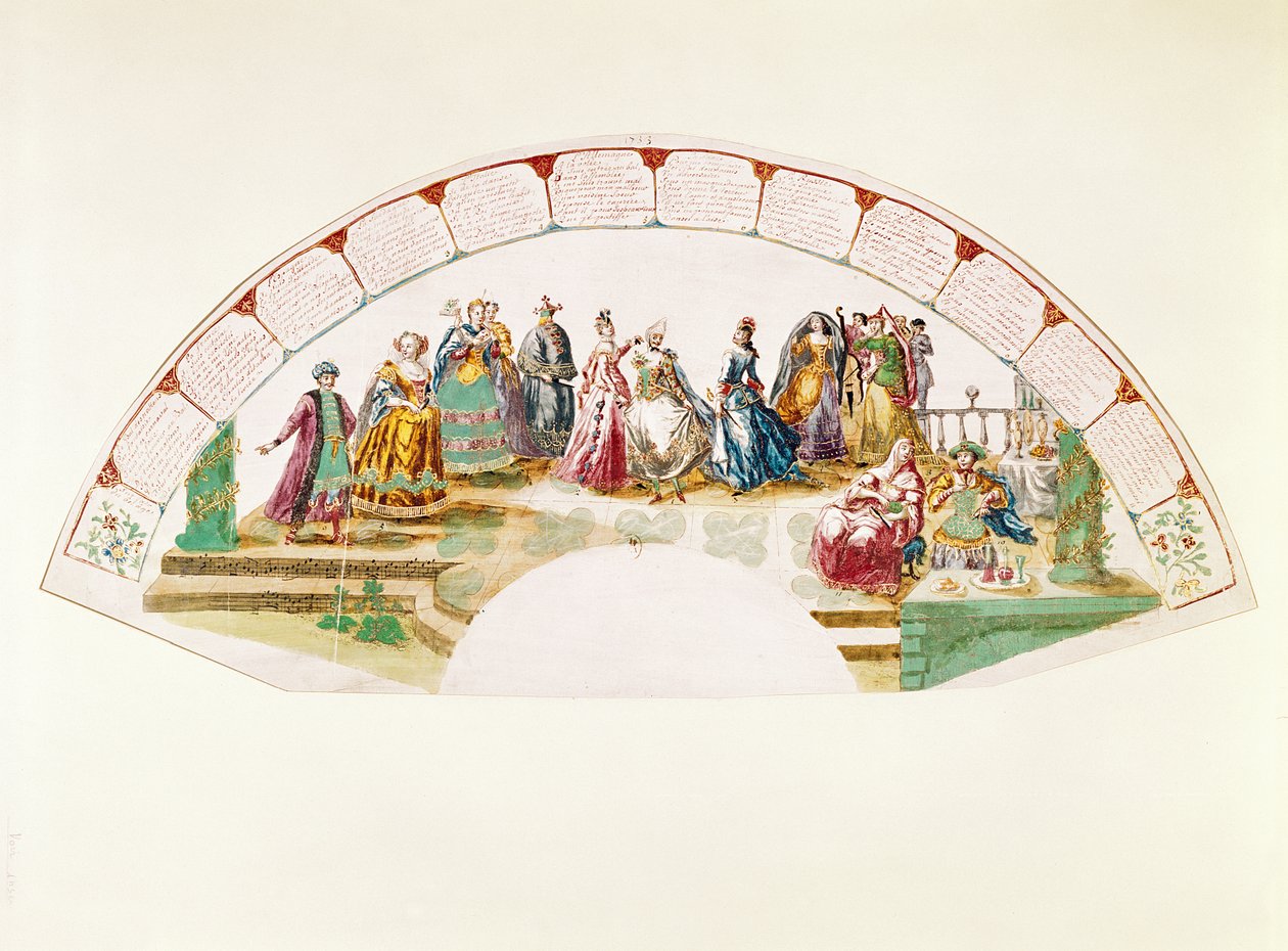 Design para um fã celebrando a dança e o carnaval das nações, 1733 de French School