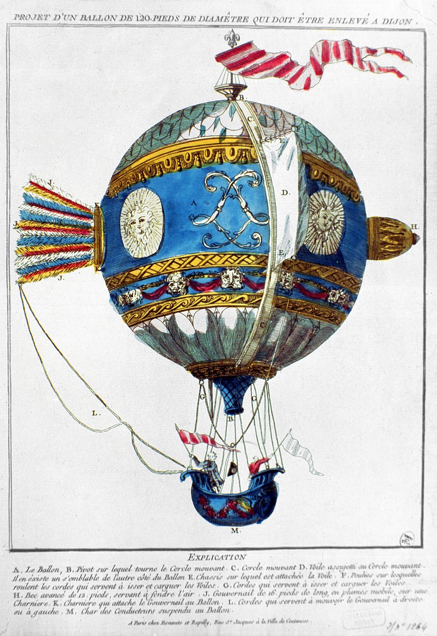 Projeto para um balão de ar quente com um diâmetro de 120 pés para decolar em Dijon, c.1784 (gravura colorida) de French School