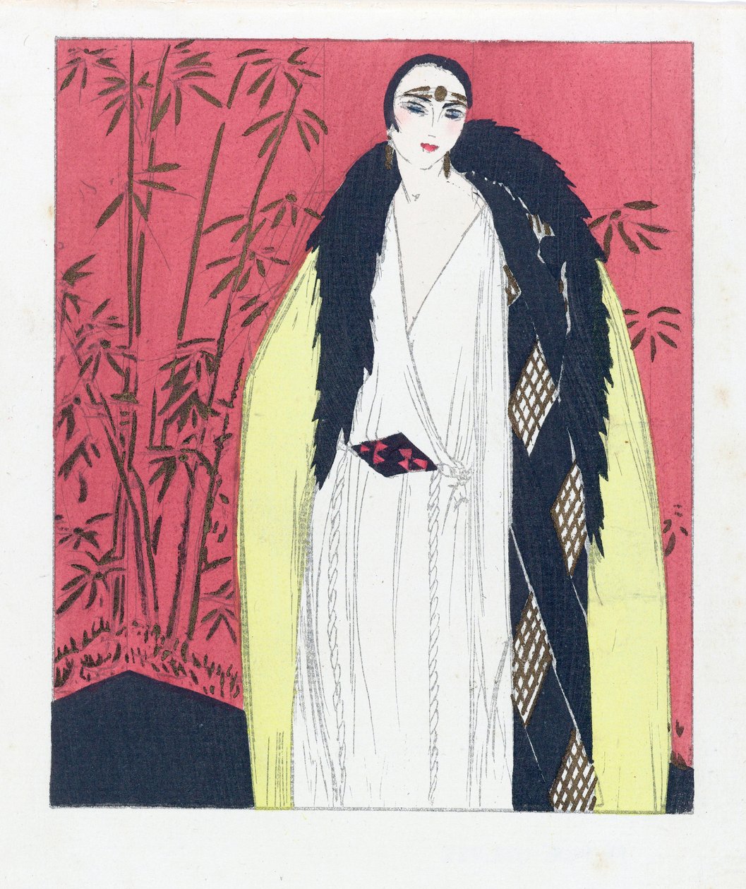 Design para um vestido de noite com capa de pele aparada, pub. Estampa pochoir de 1924. de French School