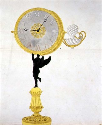 Desenho para um Relógio Ormolu, c.1825 (caneta e tinta e aguarela sobre papel) de French School