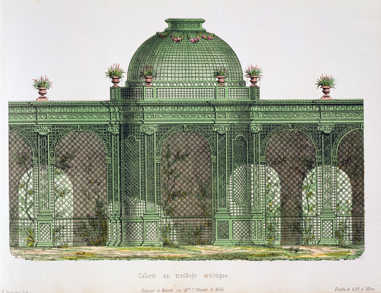 Projeto para uma galeria de treliça de arcada com uma cúpula central, publicada para o Bureau de Moniteur des Menusiers, Paris de French School