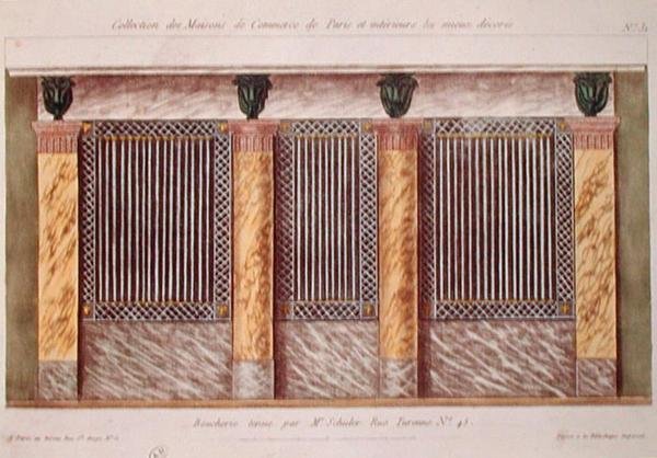 Design para a fachada de um talho, a partir de uma série que retrata os edifícios comerciais mais bem decorados de Paris, c.1810 (cor litho) de French School