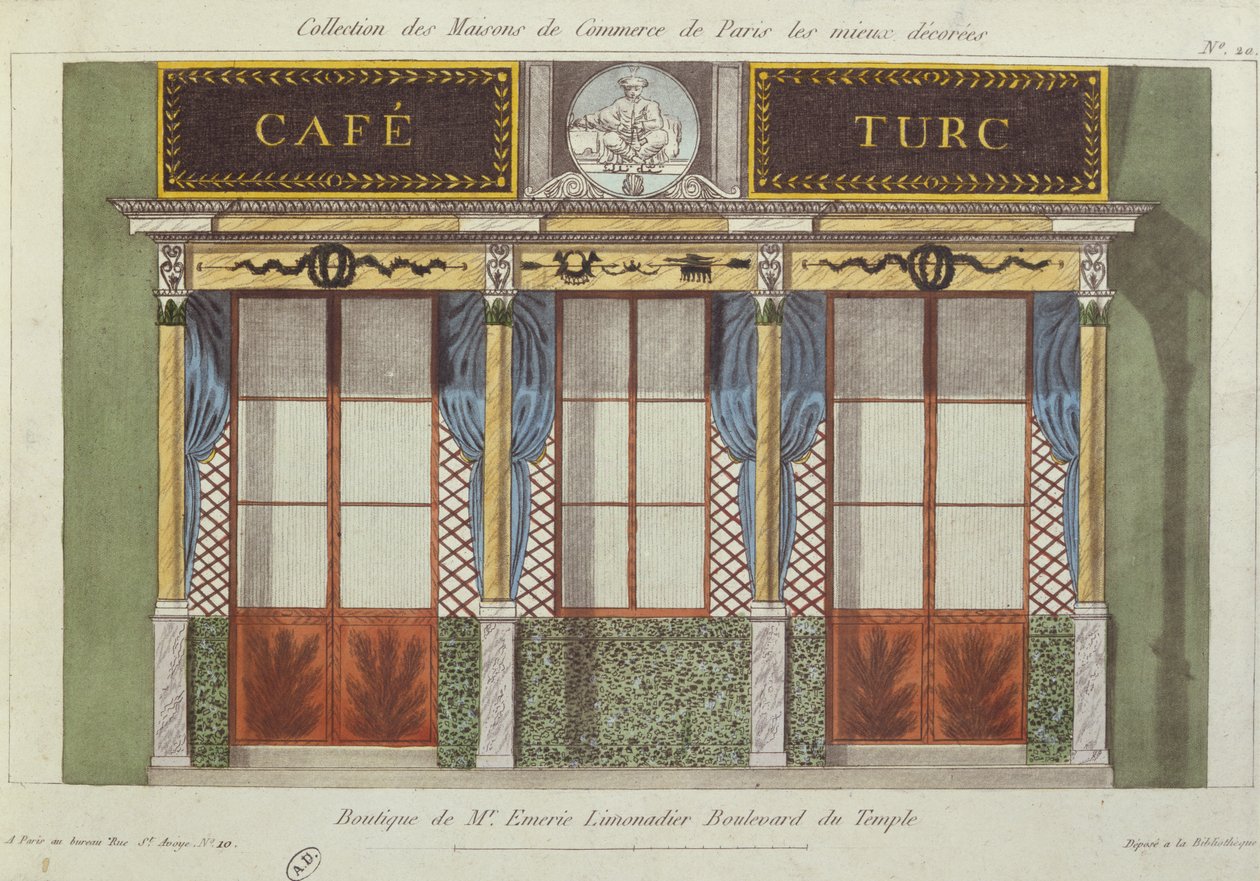 Projeto para a fachada do Cafe Turc, de uma série que retrata os melhores edifícios comerciais decorados em Paris, c.1810 de French School