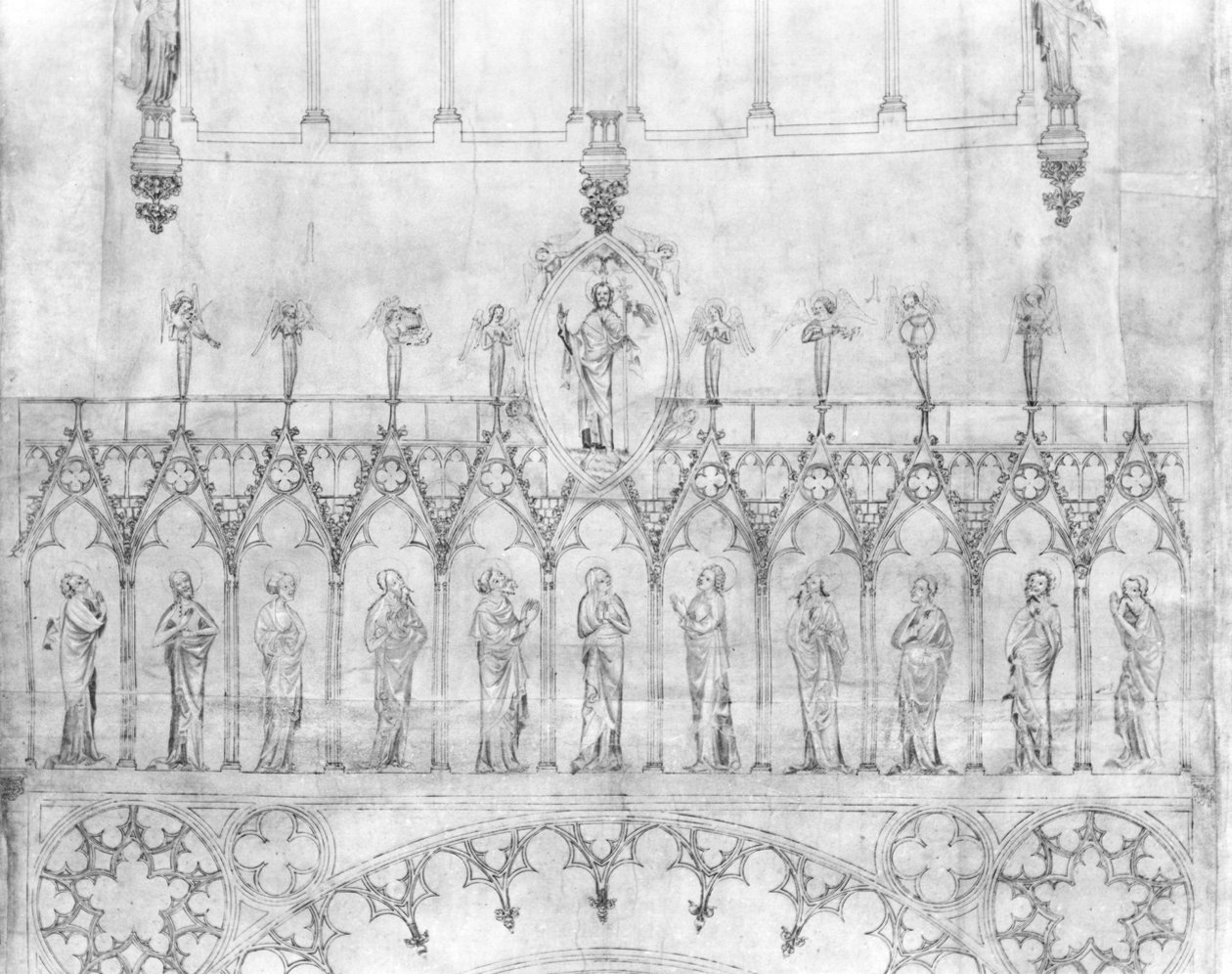 Projeto para a galeria de reis na fachada da Catedral de Estrasburgo, c.1380 (caneta e tinta e guache sobre papel) (detalhe) (ver 207686) de French School