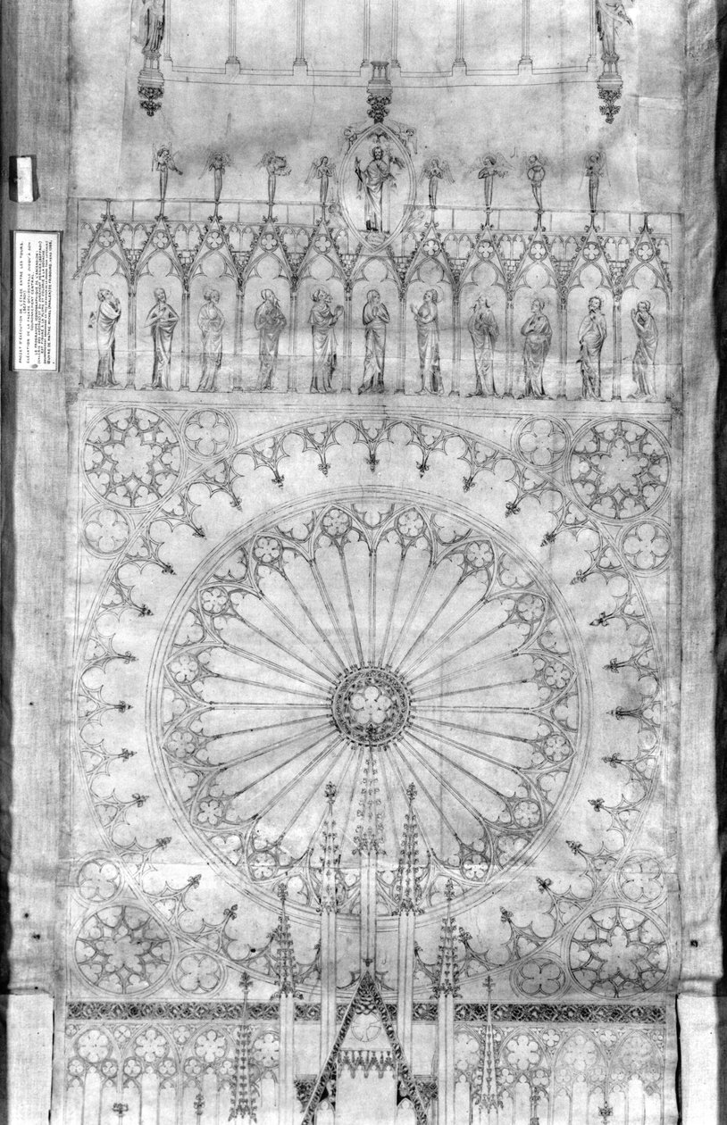 Design para a rosácea e galeria de reis na fachada da Catedral de Estrasburgo, c.1380 (caneta e tinta e guache sobre papel) (ver detalhe 207685) de French School
