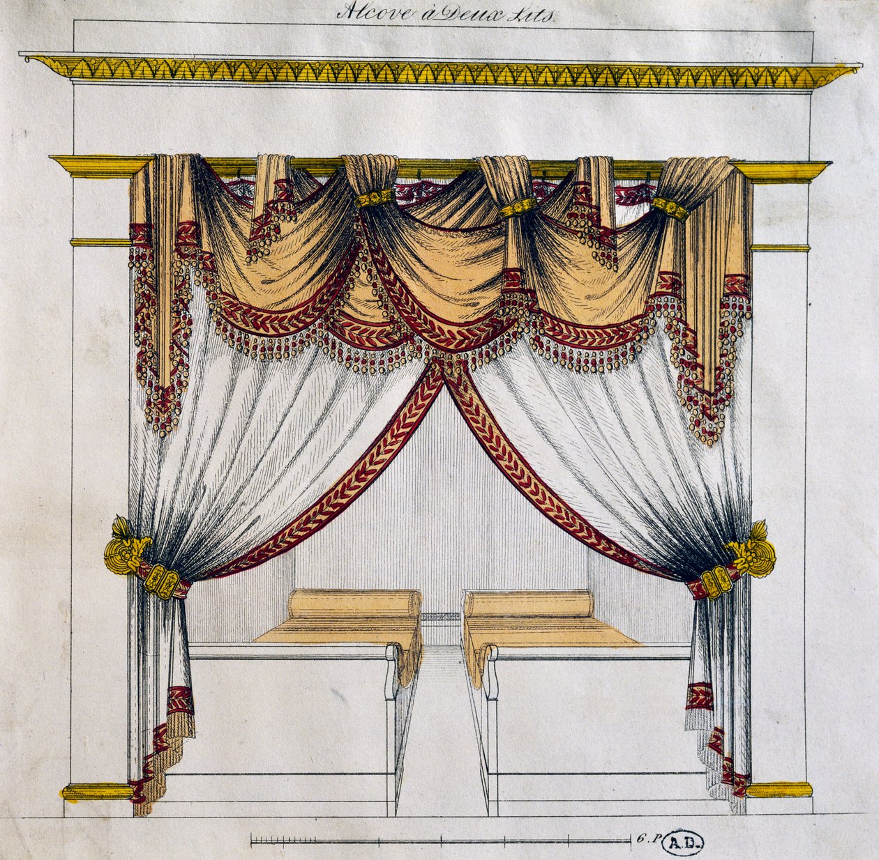 Desenho de alcova com duas camas (Primeiro Período Império), ilustração, França de French School