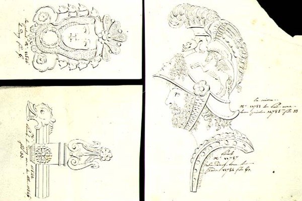 Desenhos para montagens de móveis de bronze ormolu, c.1825 (caneta e tinta sobre papel) de French School