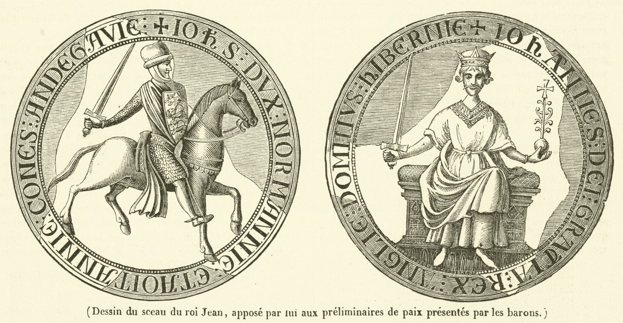 Desenho do selo do rei João, aposto por ele nas preliminares de paz apresentadas pelos barões (gravura) de French School