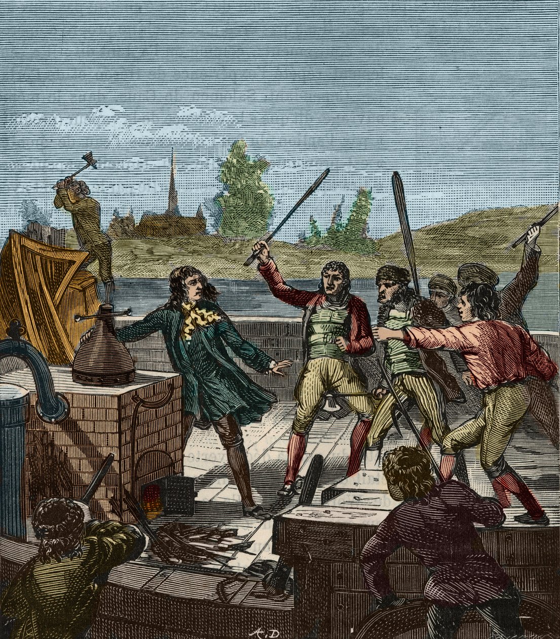 Destruição do barco a vapor de Papin - Denis Papin (1647-1712) vendo o seu barco a vapor destruído pelos barqueiros de Muenden em 1707 - Les Bateliers de Munden esmagar o barco a vapor de Denis Papin (1647-1712) - Gravura em "Ciências ao alcance de todos - de French School
