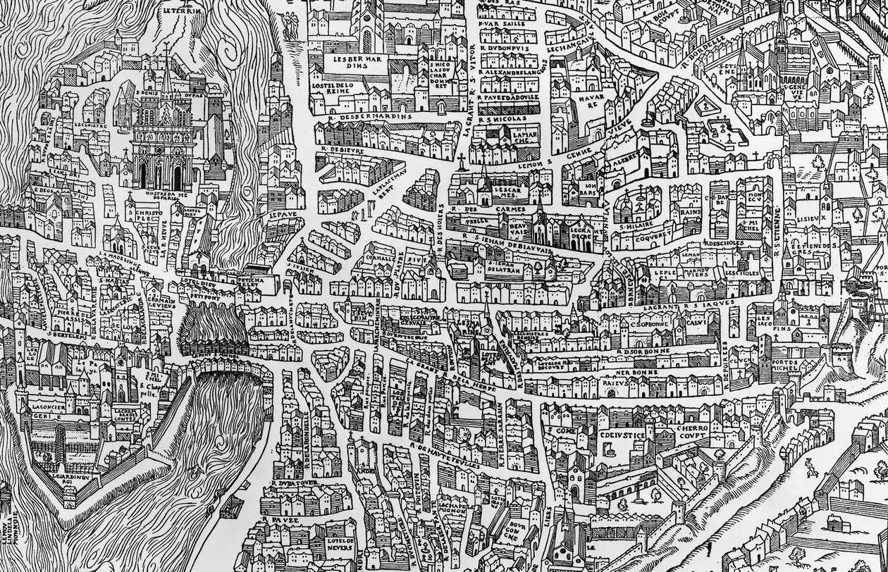 Detalhe de um mapa de Paris no reinado de Henri II mostrando o quartier des Ecoles, 1552 de French School