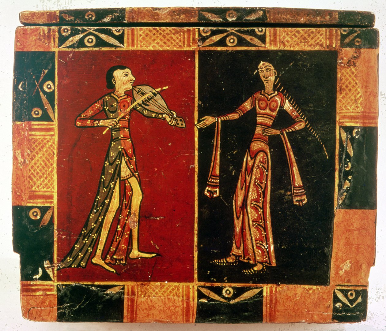 Detalhe de um baú de casamento representando um músico e um dançarino (pintado pergaminho em madeira) de French School
