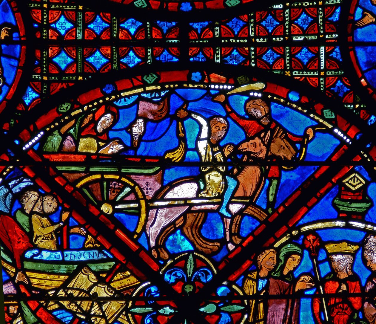 Detalhe de uma janela representando cenas da vida de Santo Estevão: cavalo e carroça de French School