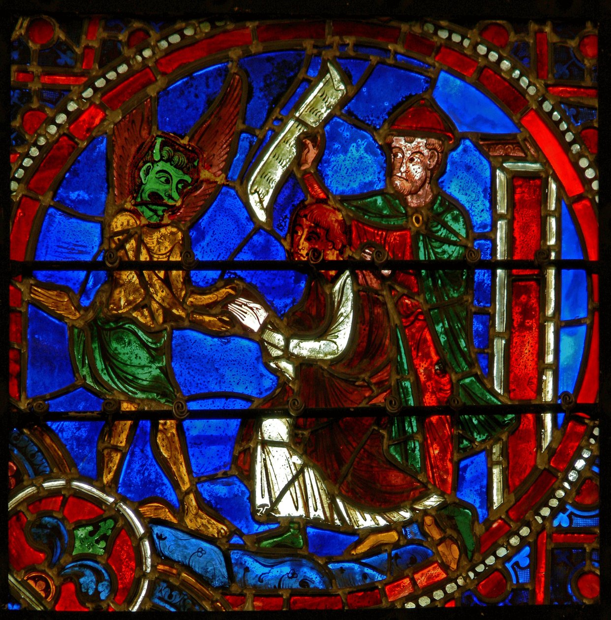 Detalhe de uma janela representando cenas do milagre de Teófilo de French School