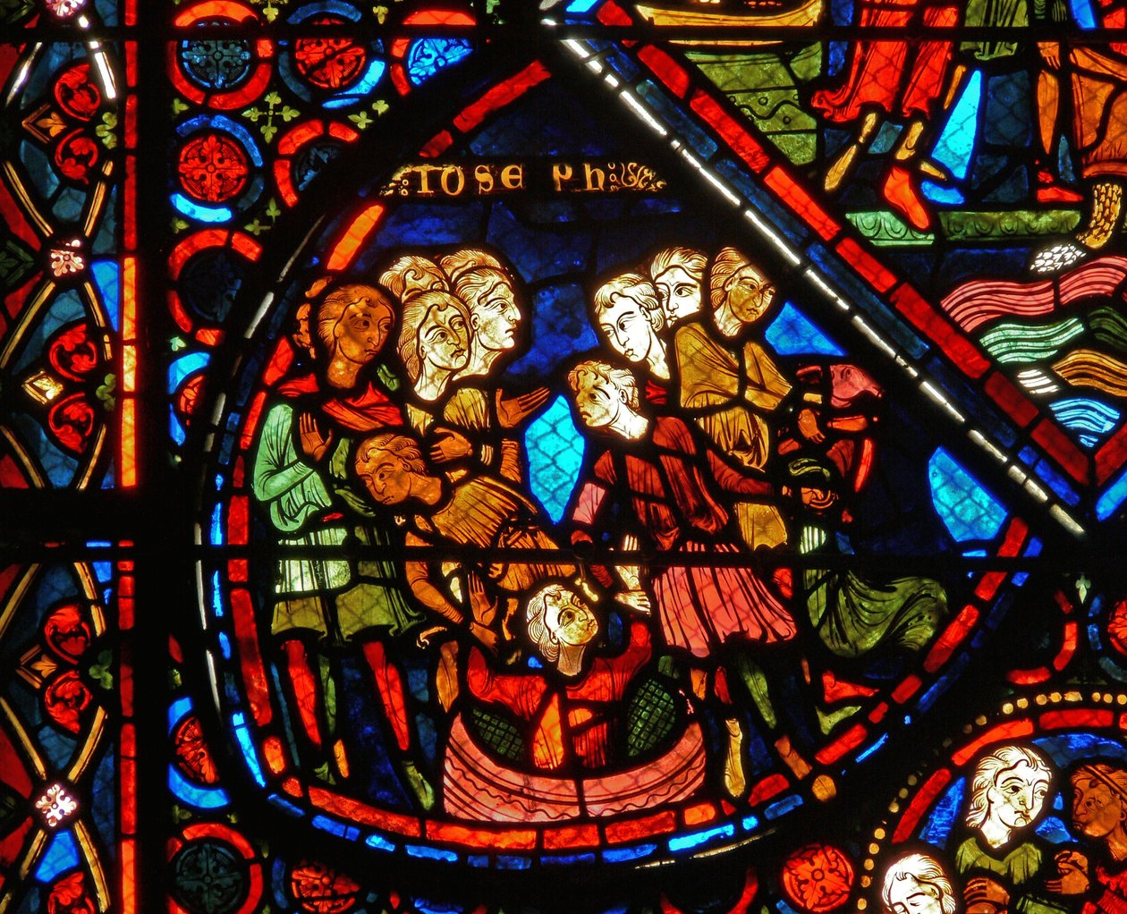 Detalhe de uma janela representando cenas da história de José de French School
