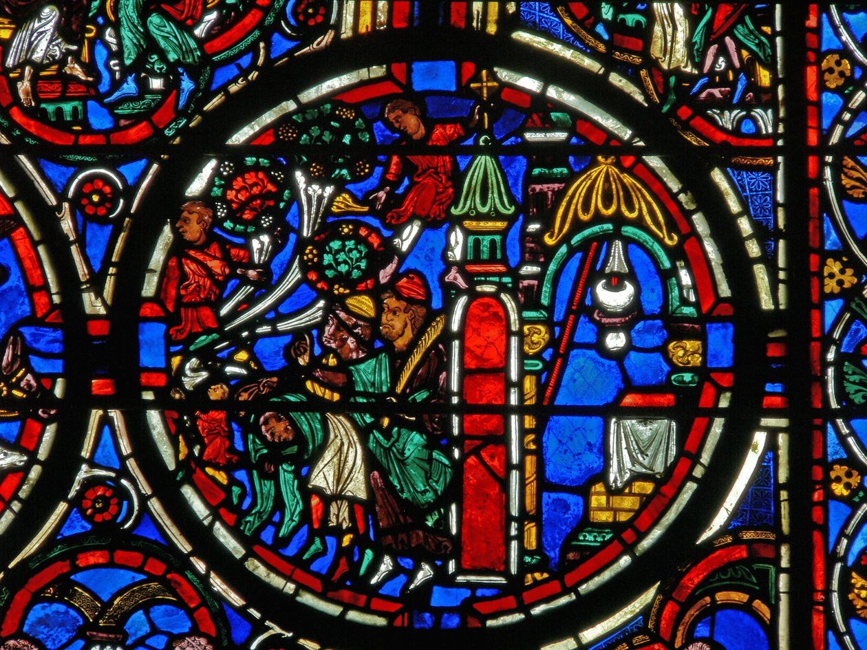 Detalhe de uma janela representando a paixão: Cristo sendo recebido em sua entrada para Jerusalém de French School