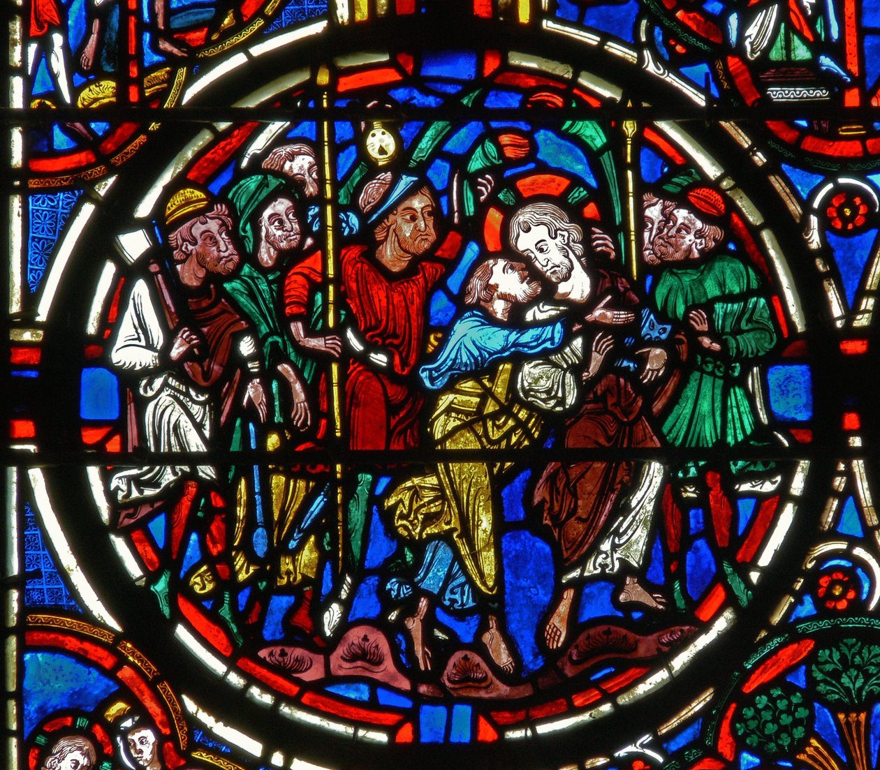 Detalhe de uma janela representando a paixão: Judas traição de French School