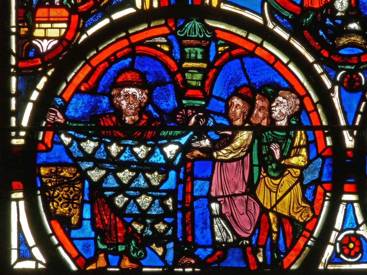 Detalhe de uma janela representando a paixão: doadores e os peleiros de French School