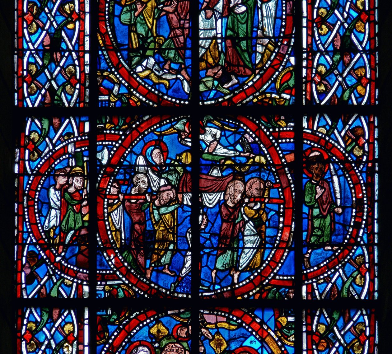 Detalhe de uma janela representando o funeral, da morte e Assunção da Virgem Maria de French School