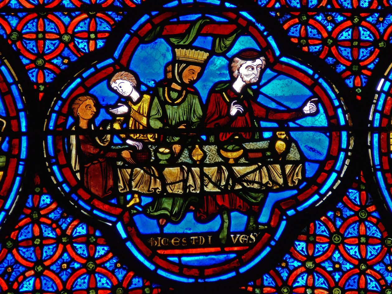 Detalhe de uma janela representando a parábola de Lázaro e Mergulhos de French School