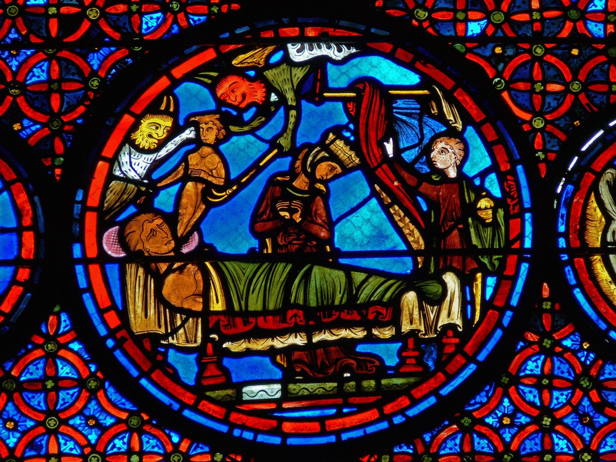 Detalhe de uma janela representando a parábola de Lázaro e Mergulhos de French School