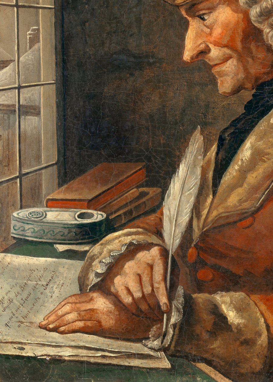 Detalhe do "Retrato de François Marie Arouet Voltaire (1694-1778) no seu gabinete de trabalho" Pintura do século XVIII. Dim. 0,43 x 0,35 m Paris, musee Carnavalet - Retrato de François Marie Arouet Voltaire (1694-1778) no seu estudo. Pintura do 18º centro de French School
