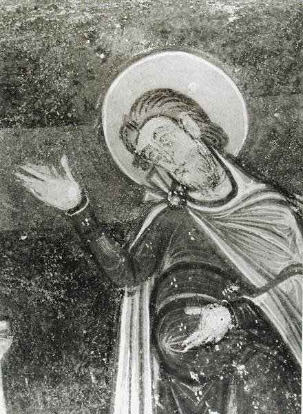 Detalhe de St. Savin, de um afresco retratando St. Savin e St. Cyprien sendo entregue das feras, c.1100 (fresco) (foto a p/b) de French School
