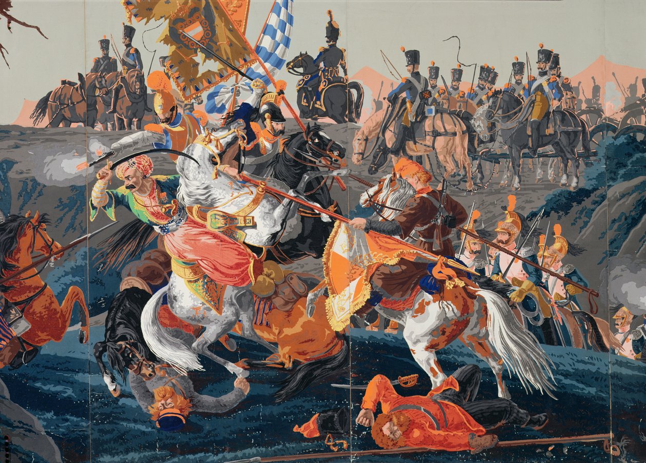 Detalhe da Batalha de Austerlitz, um design panorâmico de papel de parede, 1827-29 (papel de parede) de French School