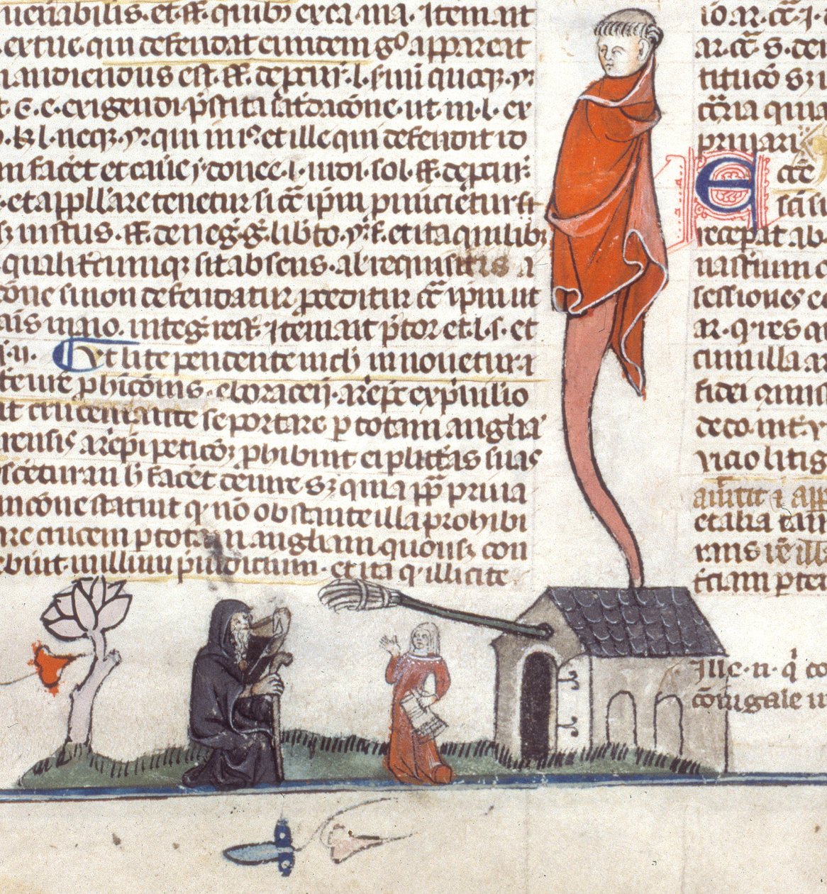 Detalhe de uma cena de bas-de-página de um ermitão sentado à porta de uma taberna a beber cerveja, c.1300-40 (tinta sobre pergaminho) de French School