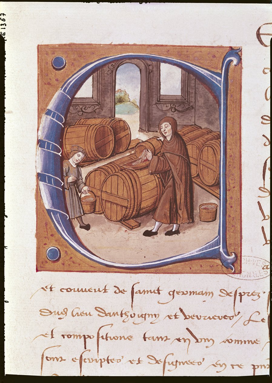 Detalhe de uma inicial histórica com a ilustração de um viticultor em atividade, do 